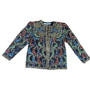 Vintage 90s I. Magnin Black Silk Beaded Jacket - Size Small